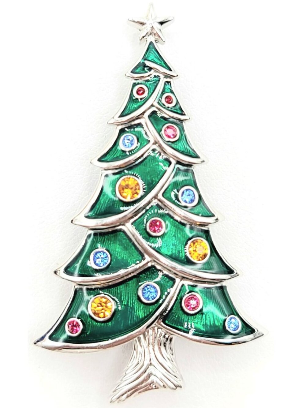 Swarovski Silvertone Green Enamel Multicolored Crystal Christmas Tree Brooch
